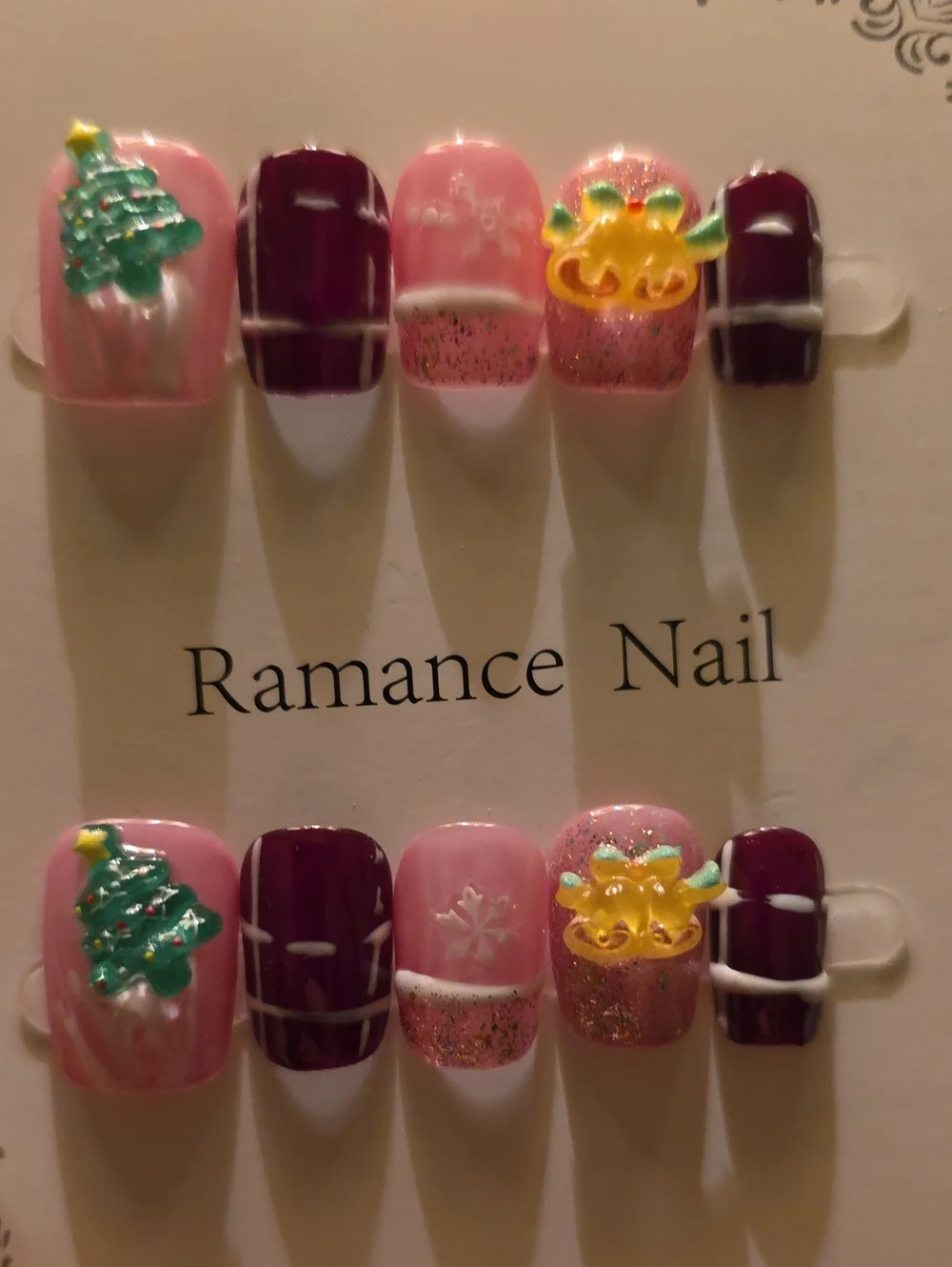 Pink & Burgundy Holiday Press-On Nails Size Med